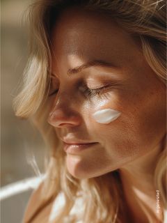 Eine Frau mit geschlossenen Augen und sonnenbeschienener Haut hat einen Klecks Creme auf der Wange, der ihren natürlichen, entspannten Ausdruck unterstreicht.