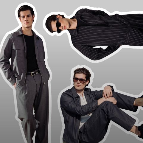 Drei Männer posieren in eleganten Anzügen: einer stehend in grau, einer liegend in schwarzen Nadelstreifen und einer sitzend mit Sonnenbrille und einem anthrazitfarbenen Outfit.