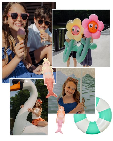 Vier Kinder genießen den Sommer: Sie essen Eis, halten Blumenschwimmer, reiten auf einem Schwan und posieren mit Sonnenbrillen. Inklusive Poolschwimmer und Meerjungfrau-Clipart.