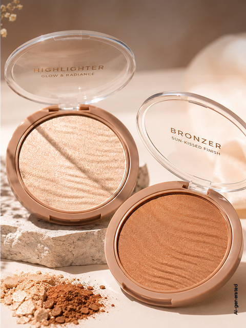 Zwei geöffnete Make-up-Dosen – eine mit Highlighter und eine mit Bronzer – sind auf einer Steinoberfläche zu sehen, daneben liegt loser Puder, alles in sanftem Licht.