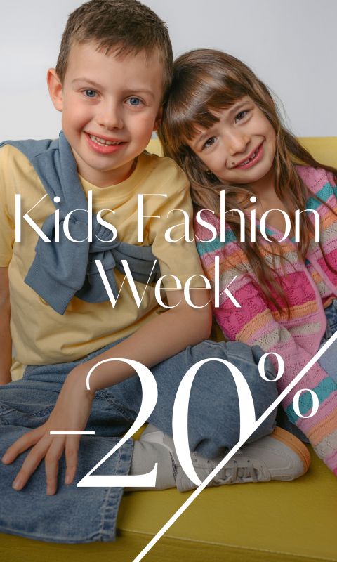 Smiling boy and girl posing together for a kids' fashion magazine cover with bold white text reading 'Kids Fashion Week' and '20%'.