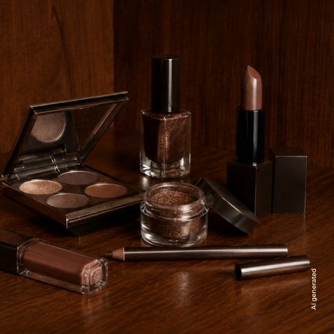 Verschiedene Make-up-Produkte in Brauntönen, darunter Lippenstift, Lidschatten, Nagellack, Lipgloss und ein Eyeliner, die auf einer Holzunterlage ausgestellt sind.