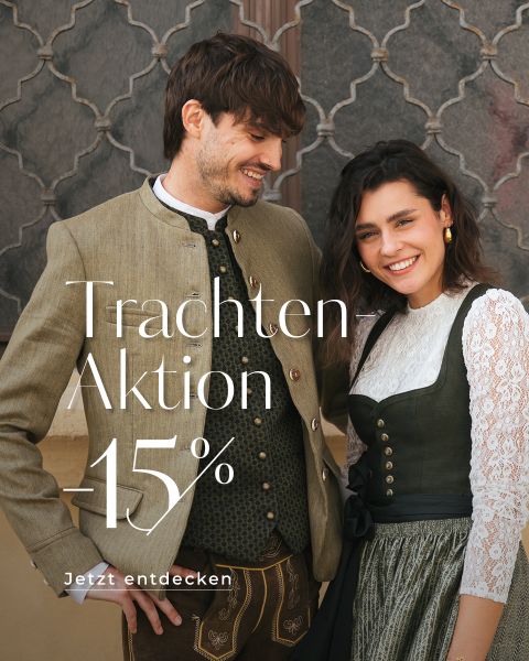 Ein Mann und eine Frau in bayerischer Tracht lächeln gemeinsam. Text: „Trachten-Aktion – 15 % Rabatt. Jetzt entdecken.“.