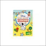 Farbenfrohes Cover eines Disney-Mitmachbuchs mit Zeichentrickfiguren, Zeichnungen und dem Titel „Mein kunterbunter Mitmachspaß“ auf Deutsch vor gelbem Hintergrund.