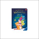 Ein Hamster mit Schal hält im Schnee einen Stapel Weihnachtsgeschenke in den Pfoten. Der deutsche Buchtitel lautet: „Ein Hamster im Weihnachtsglück.“.