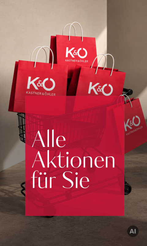 Rote K&Ö-Einkaufstaschen in einem Einkaufswagen, mit dem deutschen Schriftzug „Alle Aktionen für Sie“ auf einem roten Aufkleber, der für Angebote von Kastner & Öhler wirbt.