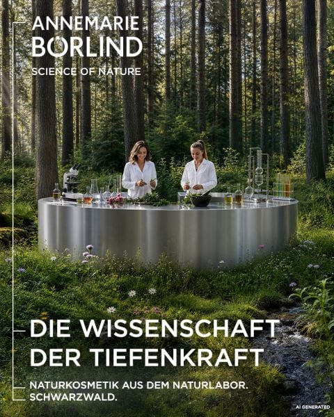 Zwei Frauen in Laborkitteln arbeiten an einem modernen Tisch mit Laborgeräten in einem üppig grünen Wald; über dem Bild ist ein deutscher Text eingeblendet.