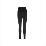 Schwarze Leggings mit hoher Taille, präsentiert vor weißem Hintergrund, von vorne gesehen, in eng anliegender, nahtloser Ausführung.