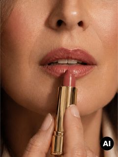 Eine Frau trägt rosa Lippenstift auf, wobei sie eine goldene Lippenstifthülse dicht an ihren Mund hält.