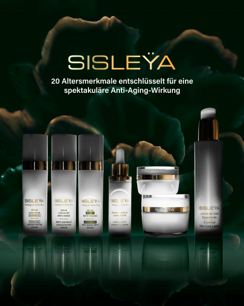 Sisleÿa Anti-Aging-Hautpflegeprodukte, präsentiert mit deutschen Texten zu ihren 20 gezielten Wirkungen gegen altersbedingte Hautveränderungen vor einem grünen, blumigen Hintergrund.