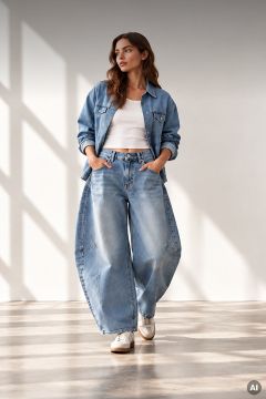 Eine Frau, die ein weißes Trägertop, ein aufgeknöpftes Jeanshemd und eine weit geschnittene, lockere Jeans trägt.