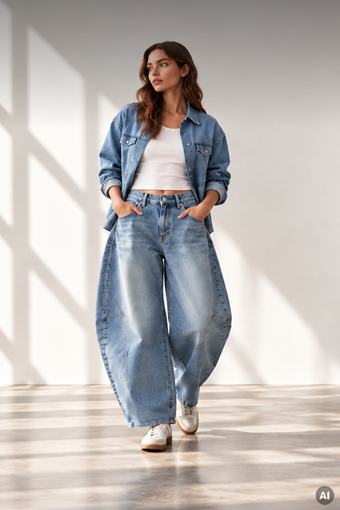 Eine Frau, die ein weißes Trägertop, ein aufgeknöpftes Jeanshemd und eine weit geschnittene, lockere Jeans trägt.