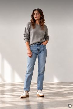 Eine Frau, die steht und einen grauen Pullover mit Rundhalsausschnitt, hellblaue Jeans und weiße Sneaker trägt.