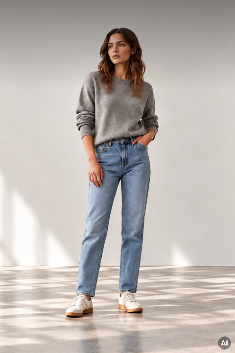 Eine Frau, die steht und einen grauen Pullover mit Rundhalsausschnitt, hellblaue Jeans und weiße Sneaker trägt.