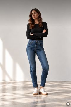 Eine Frau, die ein schwarzes Langarm-Oberteil, blaue Jeans und weiße Turnschuhe trägt, steht mit verschränkten Armen da.