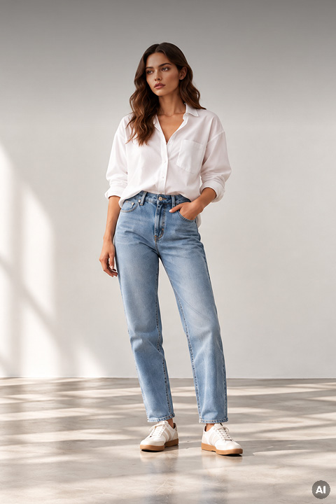 Eine Frau, die ein weißes Hemd, hellblaue Jeans und weiße Turnschuhe trägt.