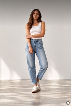 Eine Frau, die ein weißes Trägertop, hellblaue Jeans und weiße Turnschuhe trägt, steht vor einer schlichten Wand.
