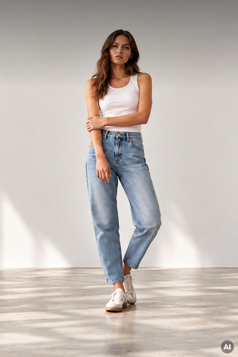 Eine Frau, die ein weißes Trägertop, hellblaue Jeans und weiße Turnschuhe trägt, steht vor einer schlichten Wand.