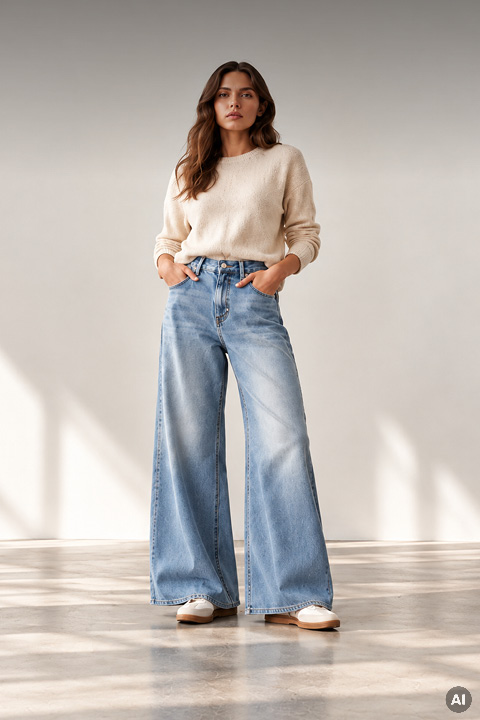 Eine Frau, die einen cremefarbenen Pullover und hellblaue Jeans mit weitem Bein trägt, steht da und hat die Hände in den Taschen.