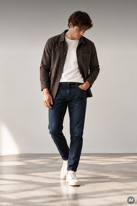 Ein Mann, der ein dunkelbraunes Hemd mit Knöpfen über einem weißen T-Shirt, dunkelblaue Jeans und weiße Turnschuhe trägt.
