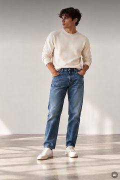 Ein Mann, der ein cremefarbenes Langarmhemd, blaue Jeans und weiße Turnschuhe trägt, steht da und hat die Hände in den Taschen.