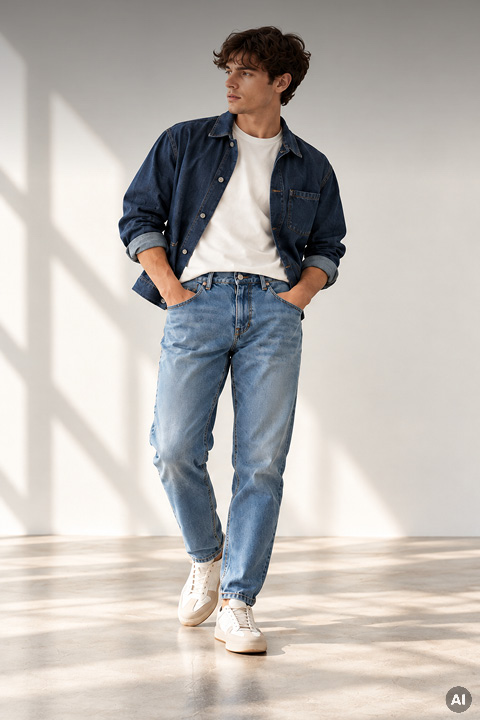 Ein Mann, der ein aufgeknöpftes Jeanshemd über einem weißen T-Shirt, hellblaue Jeans und weiße Turnschuhe trägt.