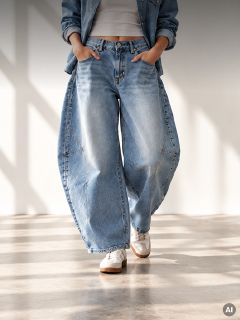 Eine Person, die hellblaue Ballonjeans mit weitem Bein und weiße Sneaker trägt.