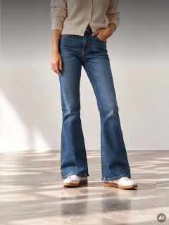 Eine Person, die eine blaue Schlagjeans mit hoher Taille und weiße Sneaker trägt.