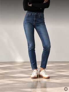 Eine Person, die eine dunkelblaue Skinny-Jeans und weiße Sneaker trägt.