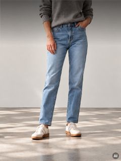 Eine Person, die einen grauen Pullover, hellblaue Jeans mit geradem Bein und weiße Turnschuhe trägt.