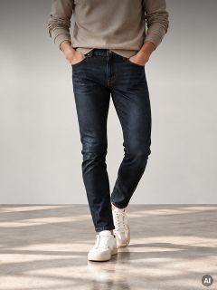 Eine Person, die einen beigen Pullover, dunkelblaue Jeans und weiße Turnschuhe trägt und mit den Händen in den Taschen dasteht.