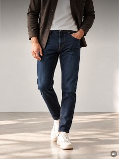 Eine Person, die ein braunes Hemd mit Knöpfen, ein weißes T-Shirt, dunkelblaue Jeans und weiße Turnschuhe trägt.
