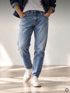 Eine Person, die eine Jeansjacke, ein weißes T-Shirt, blaue Jeans und weiße Turnschuhe trägt und die Hände in den Taschen hat.