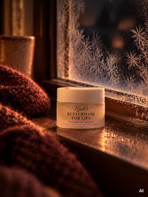 Ein Tiegel „Buttermask for Lips“ von Kiehl’s auf einer mit Raureif bedeckten Fensterbank.
