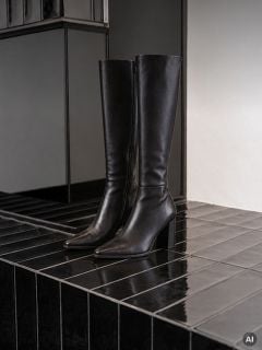 Ein Paar schwarze, kniehohe Lederstiefel mit Blockabsatz.