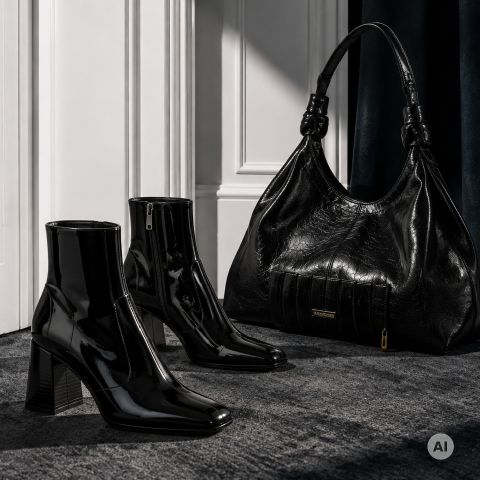 Ein Paar schwarze Lack-Stiefeletten mit Blockabsatz neben einer großen schwarzen Leder-Hobo-Tasche.