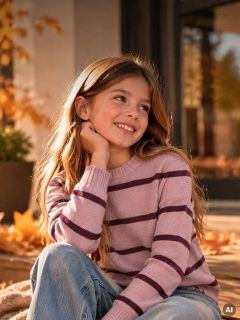 Ein junges Mädchen mit langen Haaren, das einen rosa-lila gestreiften Pullover trägt, sitzt draußen inmitten von Herbstblättern und lächelt.