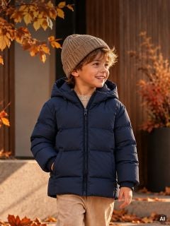Ein kleiner Junge, der eine hellbraune Mütze und eine marineblaue Daunenjacke mit Kapuze trägt, lächelt im Herbst im Freien.
