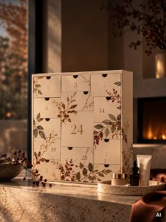 Ein Adventskalender mit nummerierten Schubladen, die mit botanischen Illustrationen verziert sind, steht auf einer Steinplatte neben Hautpflegeprodukten.
