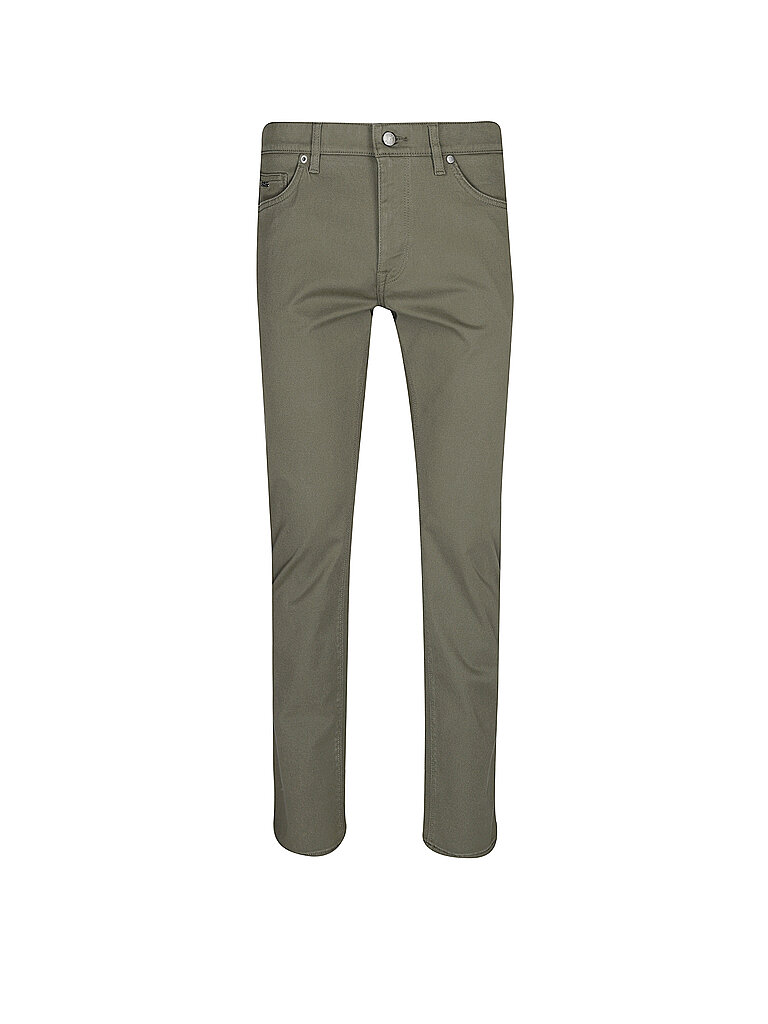 Artikel klicken und genauer betrachten! - Herren Hose aus strukturiertem Baumwollgewebe Klassischer Hosenverschluss 5-Pocket Style Logo-Details Straight Fit Farbbezeichnung: Olive Material: 98% Baumwolle, 2% Elasthan | im Online Shop kaufen
