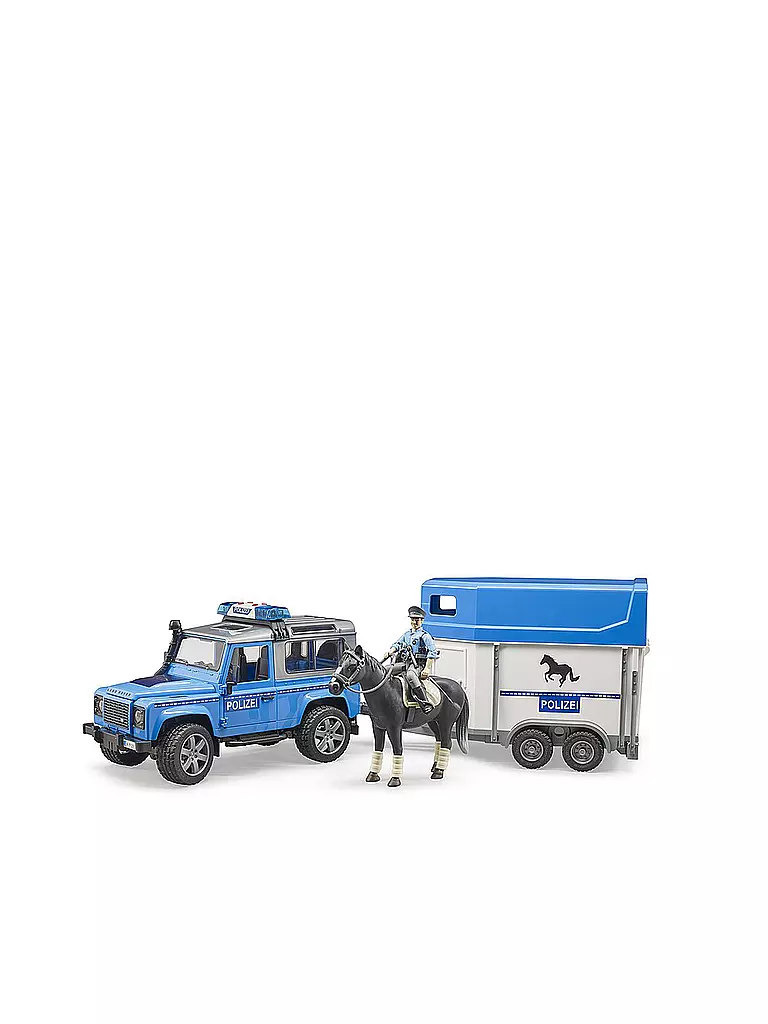 BRUDER | Land Rover Defender Polizeifahrzeug,Pferdeanhänger, 1 Pferd und Polizist 02588 | keine Farbe