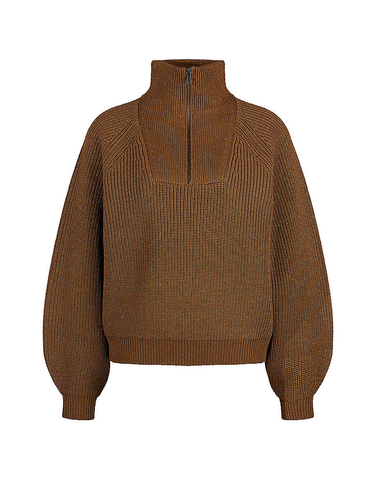 Artikel klicken und genauer betrachten! - Damen Pullover aus Schurwoll-Strick Troyer-Kragen mit kurzem Reißverschluss Ballonförmiger Langarm mit Bündchen Glitzereffekt durch Lurexfäden Locker geschnitten Weiche Qualität Farbbezeichnung: Gold Material: 96% Schurwolle, 4% metallisches Polyester | im Online Shop kaufen