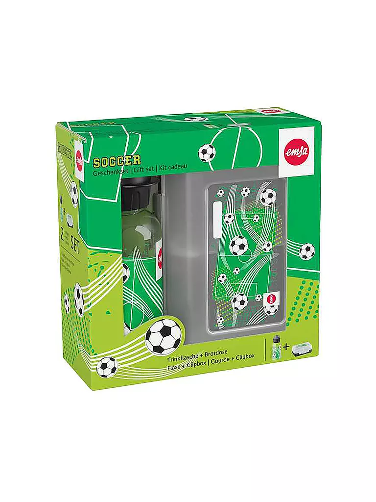 EMSA | Geschenkset 2tlg. Lunchbox und Trinkflasche SOCCER Schwarz | braun