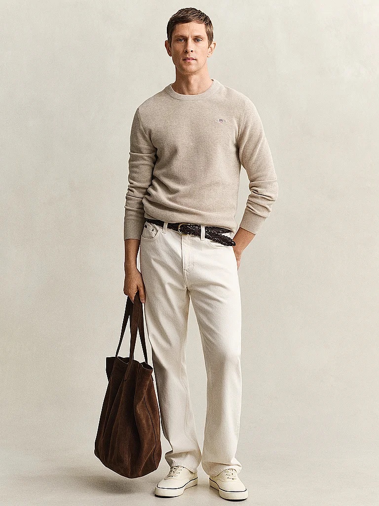 Sweater GANT "Strickpullover MICRO TEXTURED COTTON C-NECK 1er Pack", Herren, Gr. L, beige, Obermaterial: 100% Baumwolle CO., Sweatshirts Sweater 2