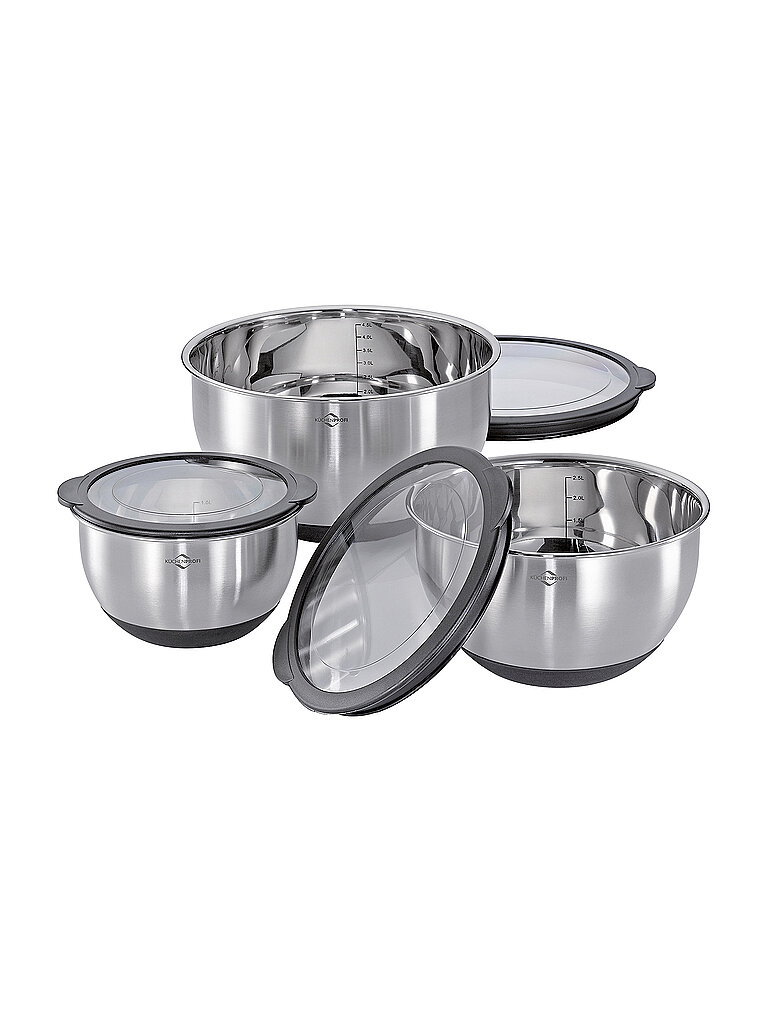KÜCHENPROFI Schüssel-Set mit Deckel DELUXE rutschfest, 3-tlg. Edelstahl/Silikon silber