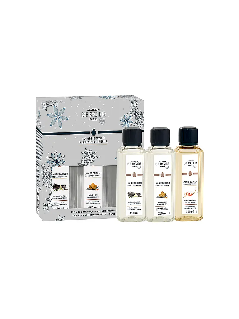 MAISON BERGER PARIS | Parfums Triopack ROSALIE 3x250ml  Splend. Vanillee Tabac Ambre Exquisite Sparkle | transparent