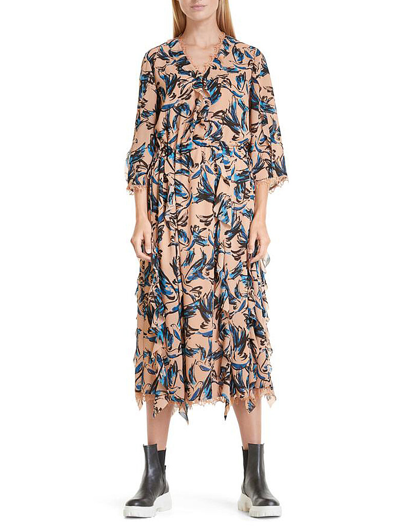 Artikel klicken und genauer betrachten! - Stylisches Damen Maxikleid V-Ausschnitt&nbsp; Weiter 3/4Arm&nbsp; Gerade Passform Spitzendetail an Ausschnitt Ärmel und Saumabschluss Überknie länge Animal Allover Farbbezeichnung: Fudge Material: 100% Polyester | im Online Shop kaufen