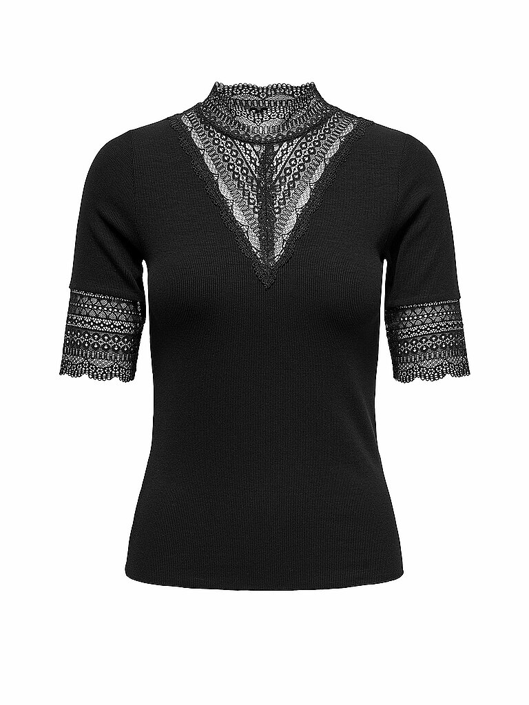 Spitzenshirt ONLY "ONLTILDE HIGHNECK S/S TOP JRS NOOS", Damen, Gr. XS, schwarz, Jersey, Obermaterial: 95% Viskose, 5% Elasthan, unifarben, slim fit normal, hoch geschlossener Ausschnitt, Shirts