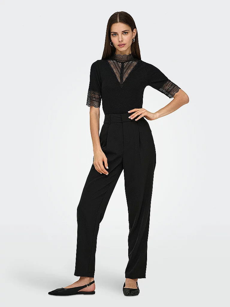 Spitzenshirt ONLY "ONLTILDE HIGHNECK S/S TOP JRS NOOS", Damen, Gr. XS, schwarz, Jersey, Obermaterial: 95% Viskose, 5% Elasthan, unifarben, slim fit normal, hoch geschlossener Ausschnitt, Shirts 2