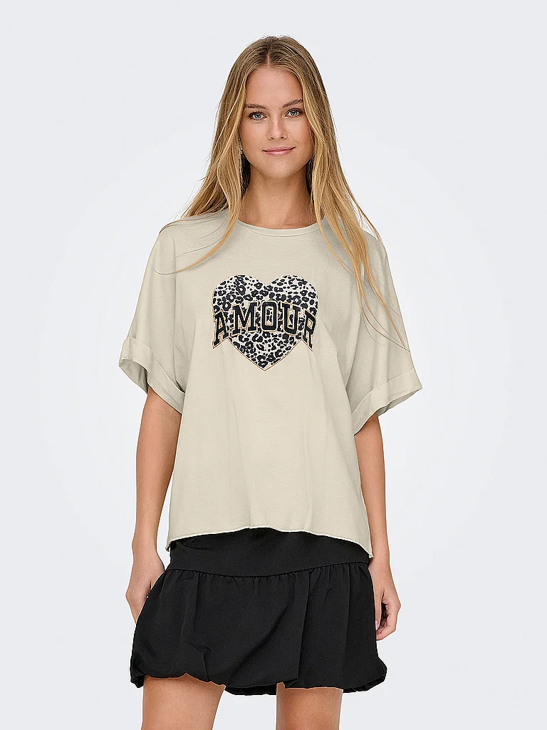 Kurzarmshirt ONLY "ONLFENJA LIFE SS AOP TOP JRS NOOS", Damen, Gr. L, cloud dancer aop:hearts, Jersey, Obermaterial: 95% Baumwolle, 5% Elasthan, bedruckt, regular fit normal, Rundhals, Shirts, Baumwollmischung, Cropped Fit, Rundhals 4